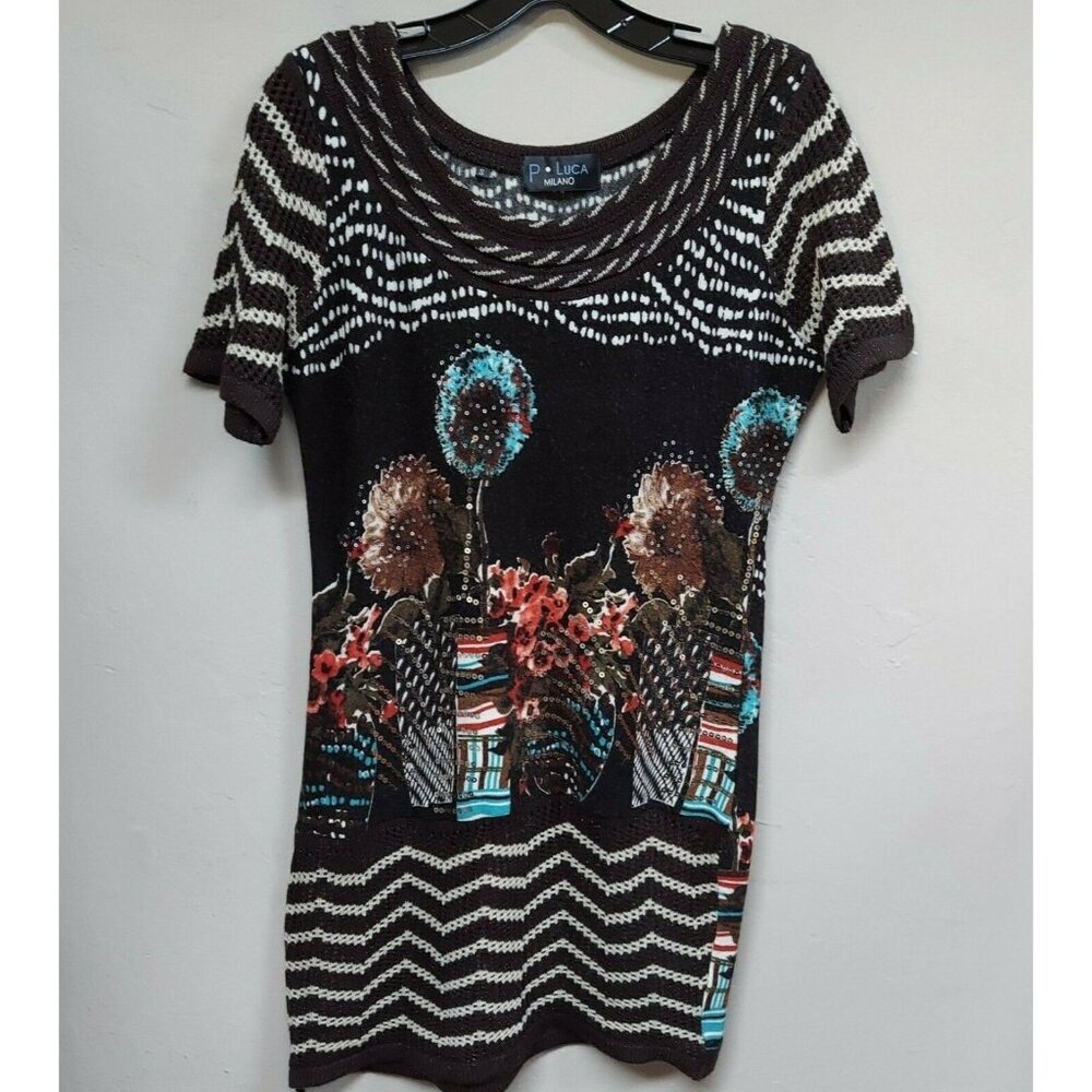 P. Luca Milano Womens Small Multicolor Embellished Sequin Knitted Tunic Top